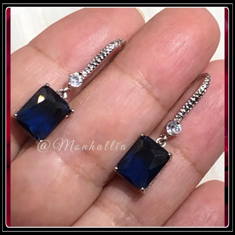 925 SILVER SIMULATED DIAMOND & BLUE SAPPHIRE EMERALD CUT SQUARE DROP EARRINGS